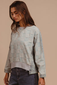 BiBi Mineral Washed Checkered Round Neck Denim Top