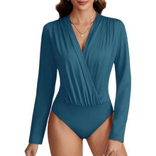 Load image into Gallery viewer, Wraped Deep V Neck Ruched Long Sleeve Leotard Bodysuit Top, XS, 21H-196T010