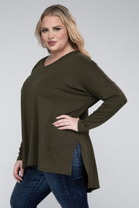 ZENANA Plus Dolman Sleeve V-Neck Side Slit Hi-Low Hem Top