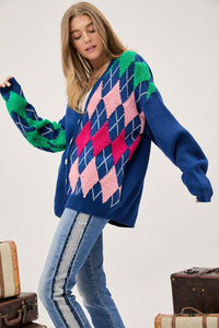 Davi & Dani Plush Argyle Button Front Loose Fit Knit Cardigan