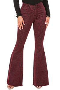 GJG Denim Leopard Bell Bottom Jean in Burgundy