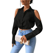 Load image into Gallery viewer, Cold Shoulder Button Down Collared Cropped Blouse, XXL, 22I-196T004