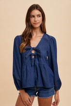 Load image into Gallery viewer, Annie Wear Tie Front Peplum Long Sleeve Denim Top