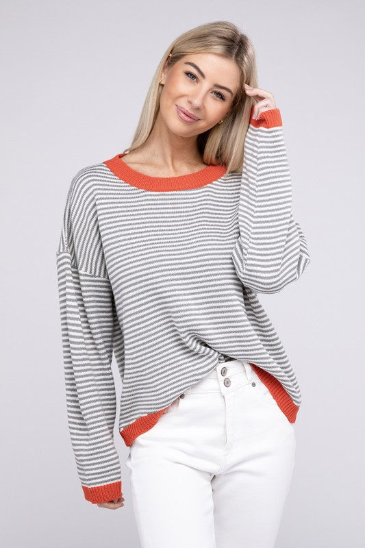 Nuvi Apparel Contrast Trimmed Striped Pullover Knit