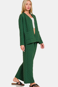 Zenana Quilted Button Up Long Sleeve Top and Pants Lounge Set