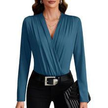 Load image into Gallery viewer, Wraped Deep V Neck Ruched Long Sleeve Leotard Bodysuit Top, XS, 21H-196T010