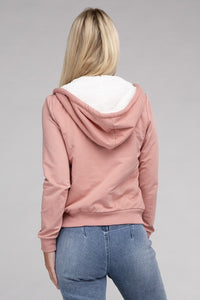 Ambiance Apparel Fuzzy Trim Zip-Up Crop Hoodie