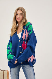 Davi & Dani Plush Argyle Button Front Loose Fit Knit Cardigan