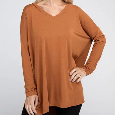 Zenana Dolman Long Sleeve V-Neck Side Slit Hi-Low Hem Top, Large, T006