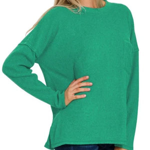ZENANA Teal Ribbed Brushed Soft Melange Hacci Sweater, S/M, T011