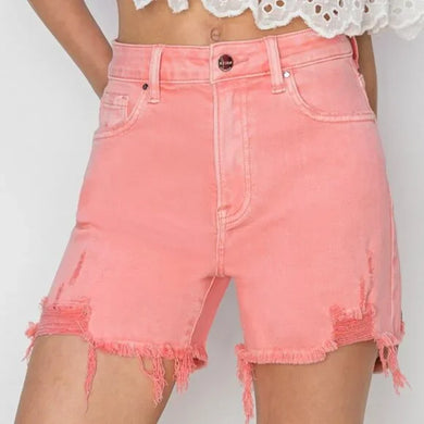 Pink High Rise Distressed Denim Shorts Front