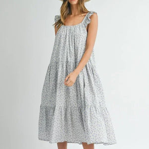 MABLE Floral Ruffle Shoulder Tiered Midi Dress, Medium, D004