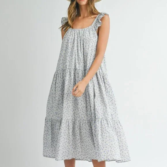 MABLE Floral Ruffle Shoulder Tiered Midi Dress, Medium, D004