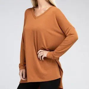 Zenana Dolman Long Sleeve V-Neck Side Slit Hi-Low Hem Top, Large, T006