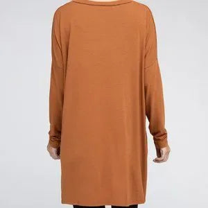Zenana Dolman Long Sleeve V-Neck Side Slit Hi-Low Hem Top, Large, T006