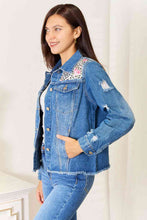 Load image into Gallery viewer, Baeful Leopard Floral Distressed Raw Hem Denim Jacket