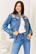 Load image into Gallery viewer, Baeful Leopard Floral Distressed Raw Hem Denim Jacket