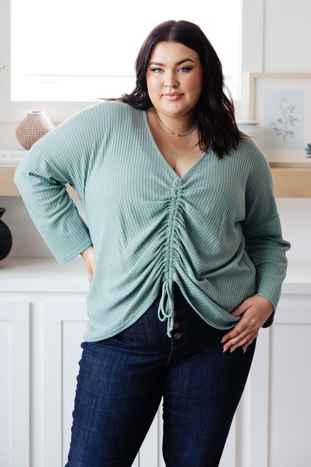 NOW N FOREVER Austin Waffle Knit Basic Top In Sage