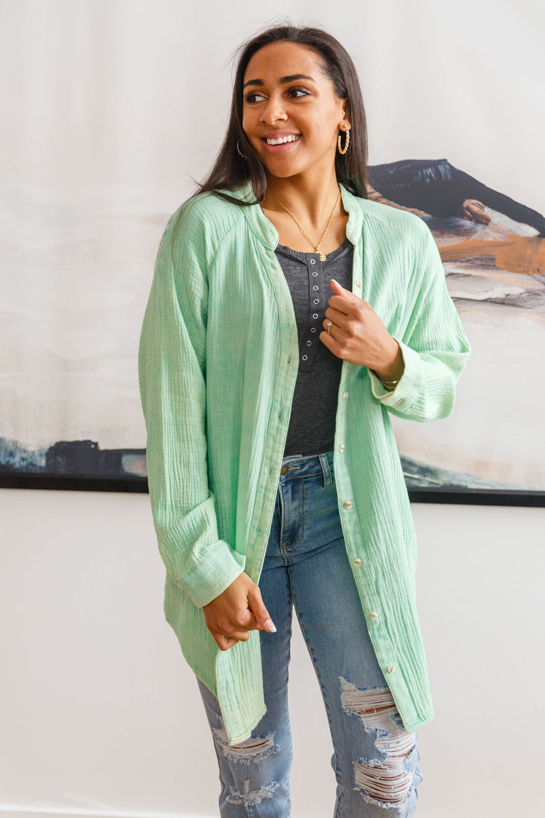 White Birch Corey Button Up Top In Vintage Green