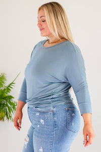 Zenana Daytime Boat Neck Top in Blue Gray