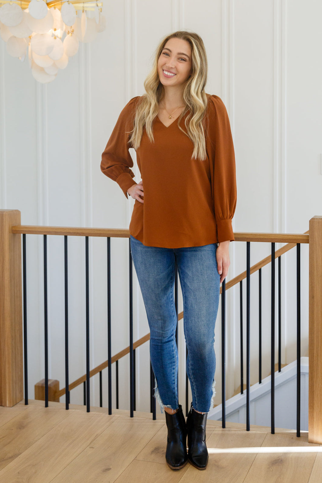 JODIFL Enjoy This Moment V Neck Blouse In Toffee