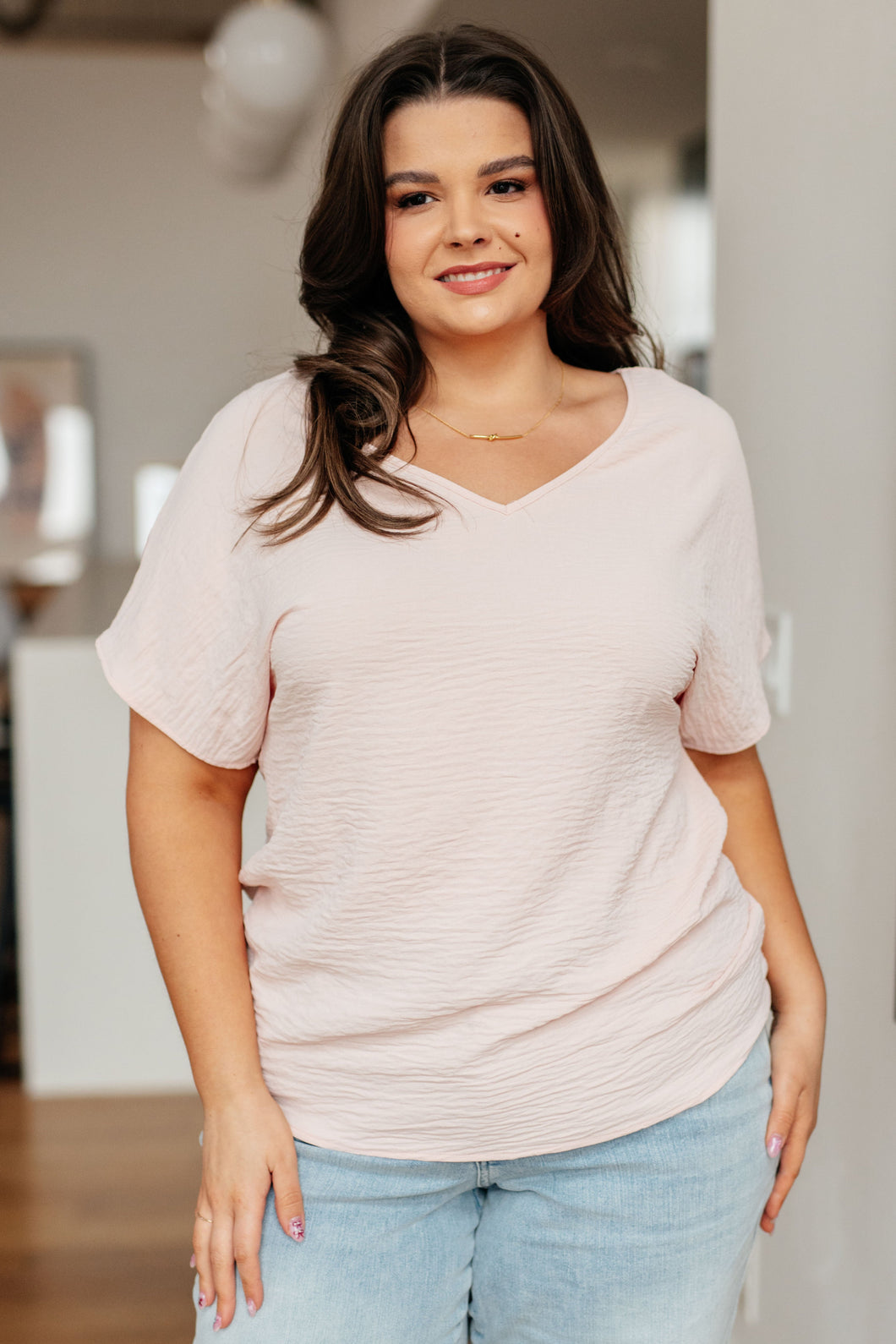 One Eleven North Frequently Asked Questions V-Neck Top in Blush PLUS