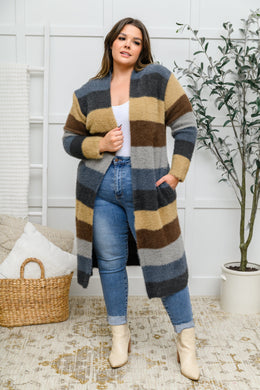 DAVI & DANI Fuzzy Longline Cardigan In Blue & Cocoa