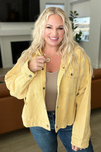 GEEGEE Cropped Hooded Denim Jacket in Mustard