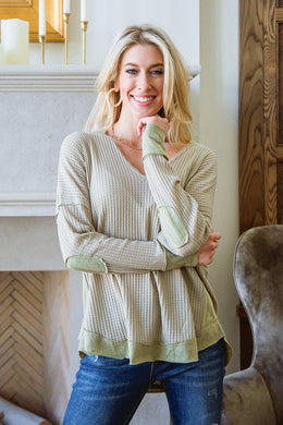 Sage waffle with patches v -neck top front