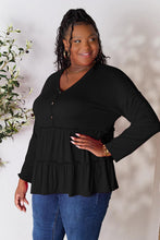 Load image into Gallery viewer, Double Take Half Button Long Sleeve Ruffle Hem Blouse