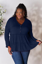 Load image into Gallery viewer, Double Take Half Button Long Sleeve Ruffle Hem Blouse