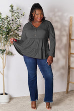 Load image into Gallery viewer, Double Take Half Button Long Sleeve Ruffle Hem Blouse