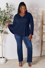 Load image into Gallery viewer, Double Take Half Button Long Sleeve Ruffle Hem Blouse